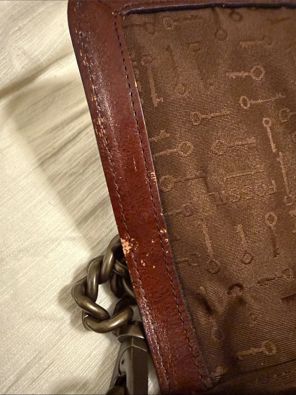 Fossil Brown Leather Shoulder Bag with Purple & Yellow Floral Panels - Picture 4 of 6